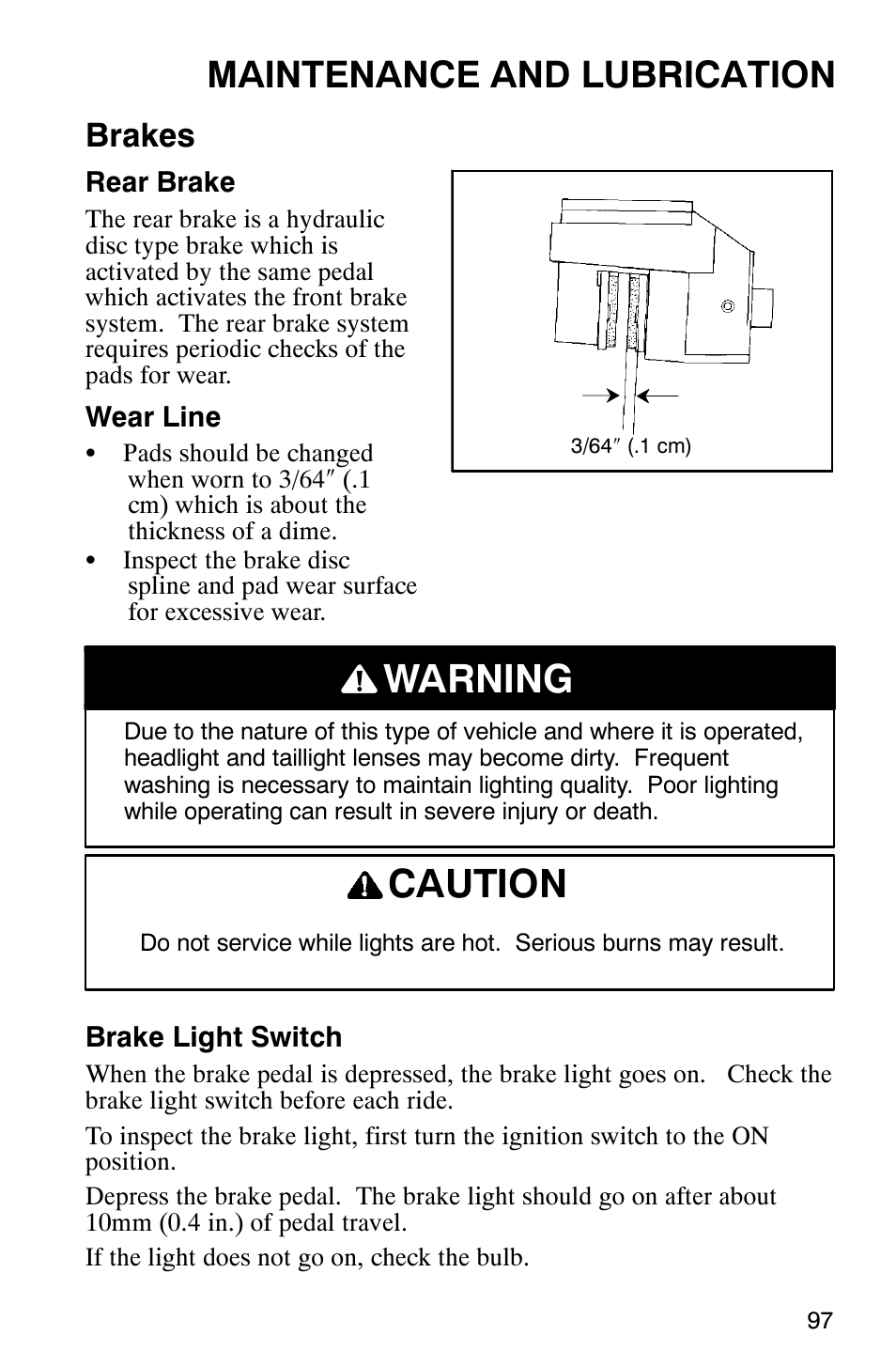Warning caution, Maintenance and lubrication, Brakes | Polaris Series 10 Ranger 425 2x4 User Manual | Page 99 / 121