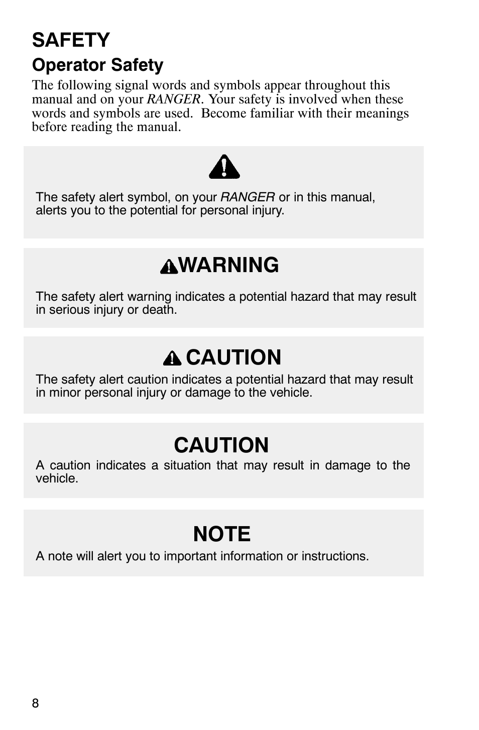 Caution warning, Safety, Operator safety | Polaris Series 11 Ranger User Manual | Page 10 / 106