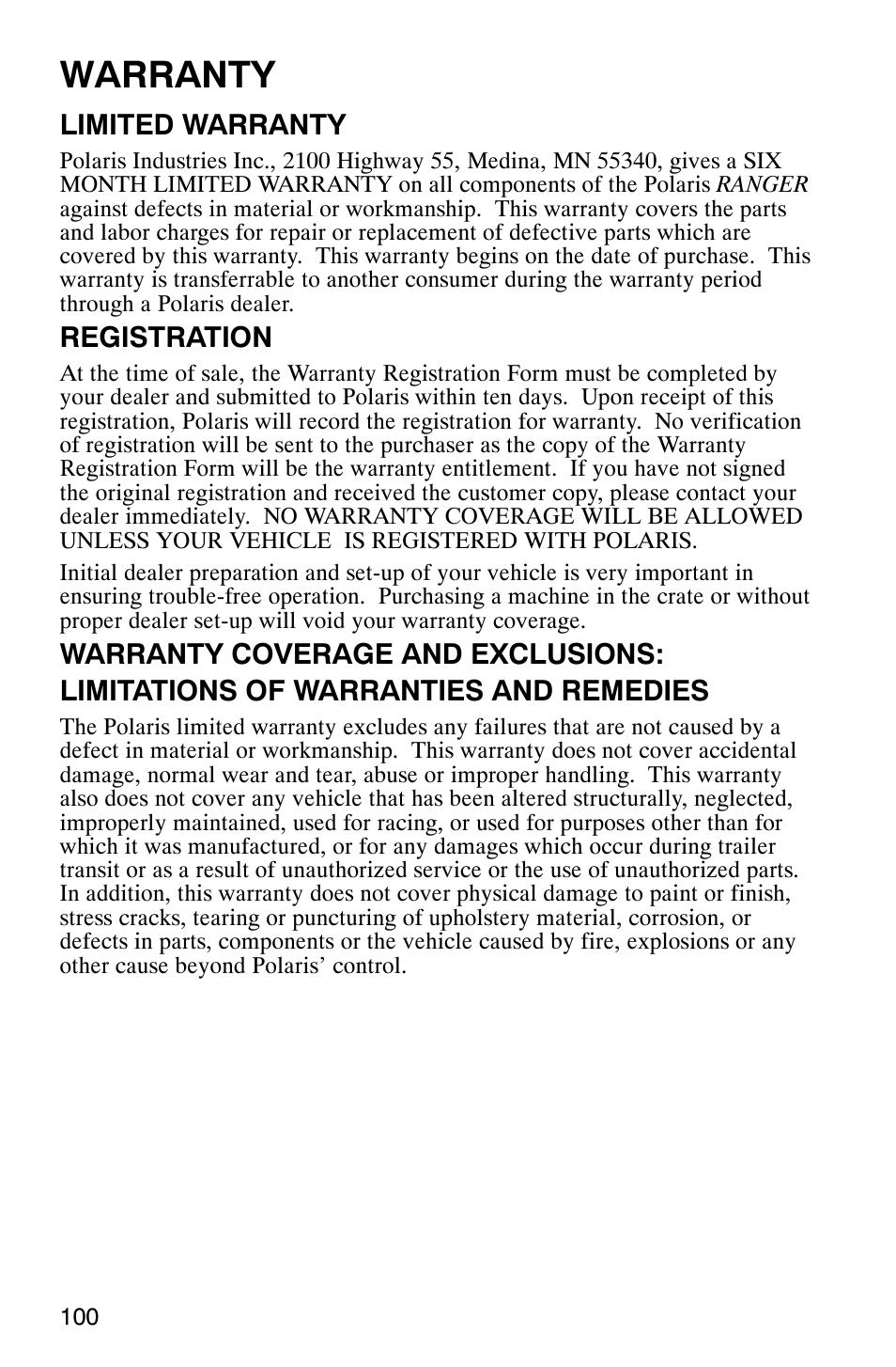 Warranty, Limited warranty, Registration | Polaris Series 11 Ranger User Manual | Page 102 / 106