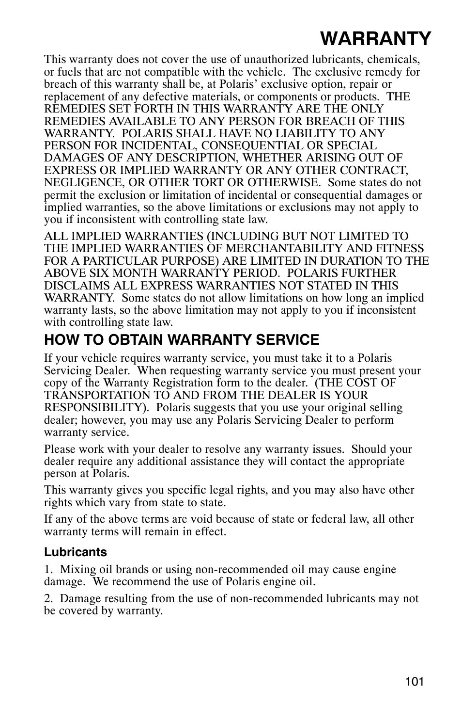 Warranty, How to obtain warranty service | Polaris Series 11 Ranger User Manual | Page 103 / 106