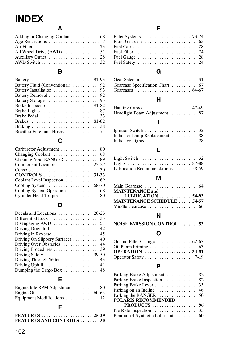 Index | Polaris Series 11 Ranger User Manual | Page 104 / 106