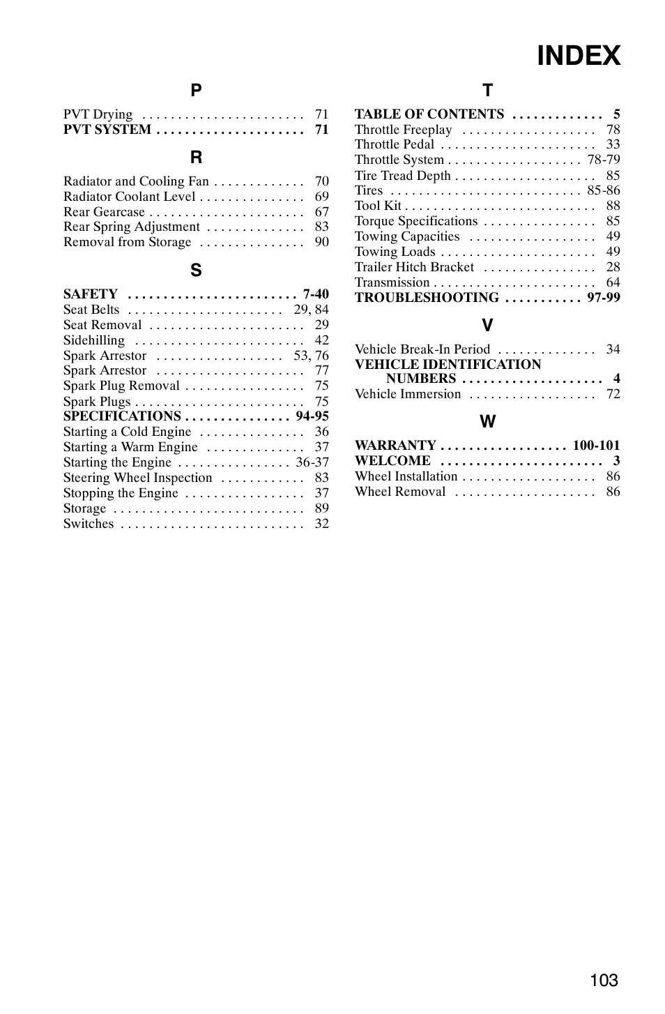 Index | Polaris Series 11 Ranger User Manual | Page 105 / 106