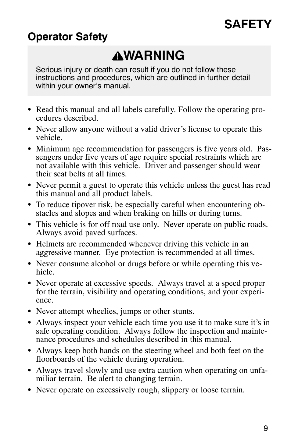 Warning, Safety, Operator safety | Polaris Series 11 Ranger User Manual | Page 11 / 106