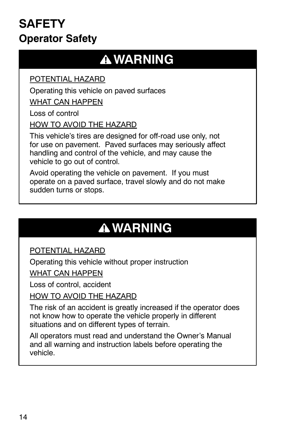 Warning, Safety, Operator safety | Polaris Series 11 Ranger User Manual | Page 16 / 106