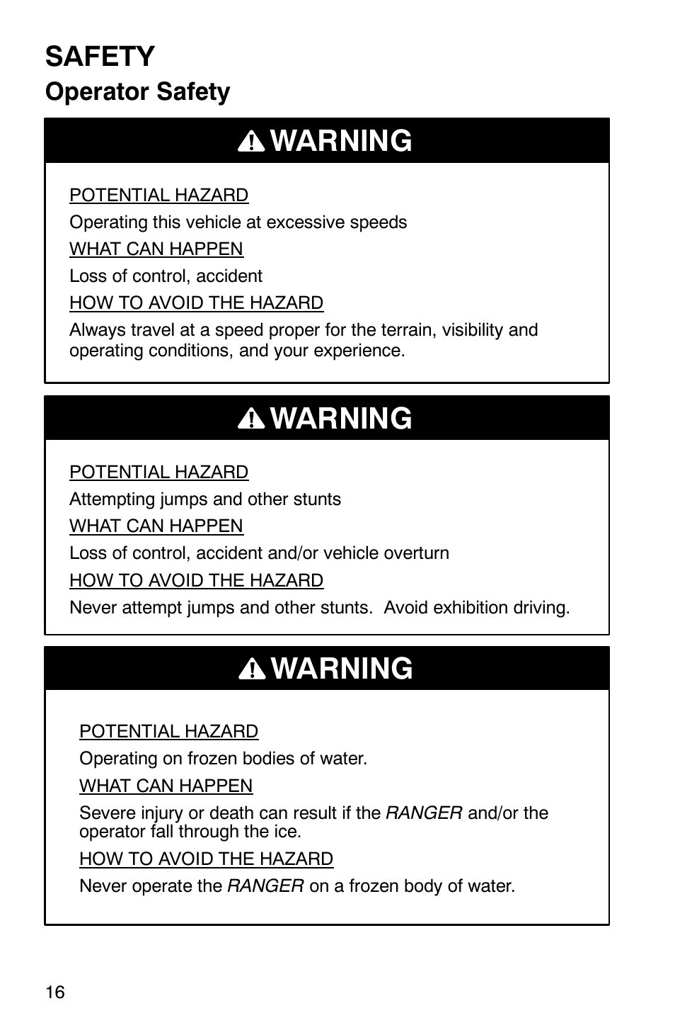 Warning, Safety, Operator safety | Polaris Series 11 Ranger User Manual | Page 18 / 106