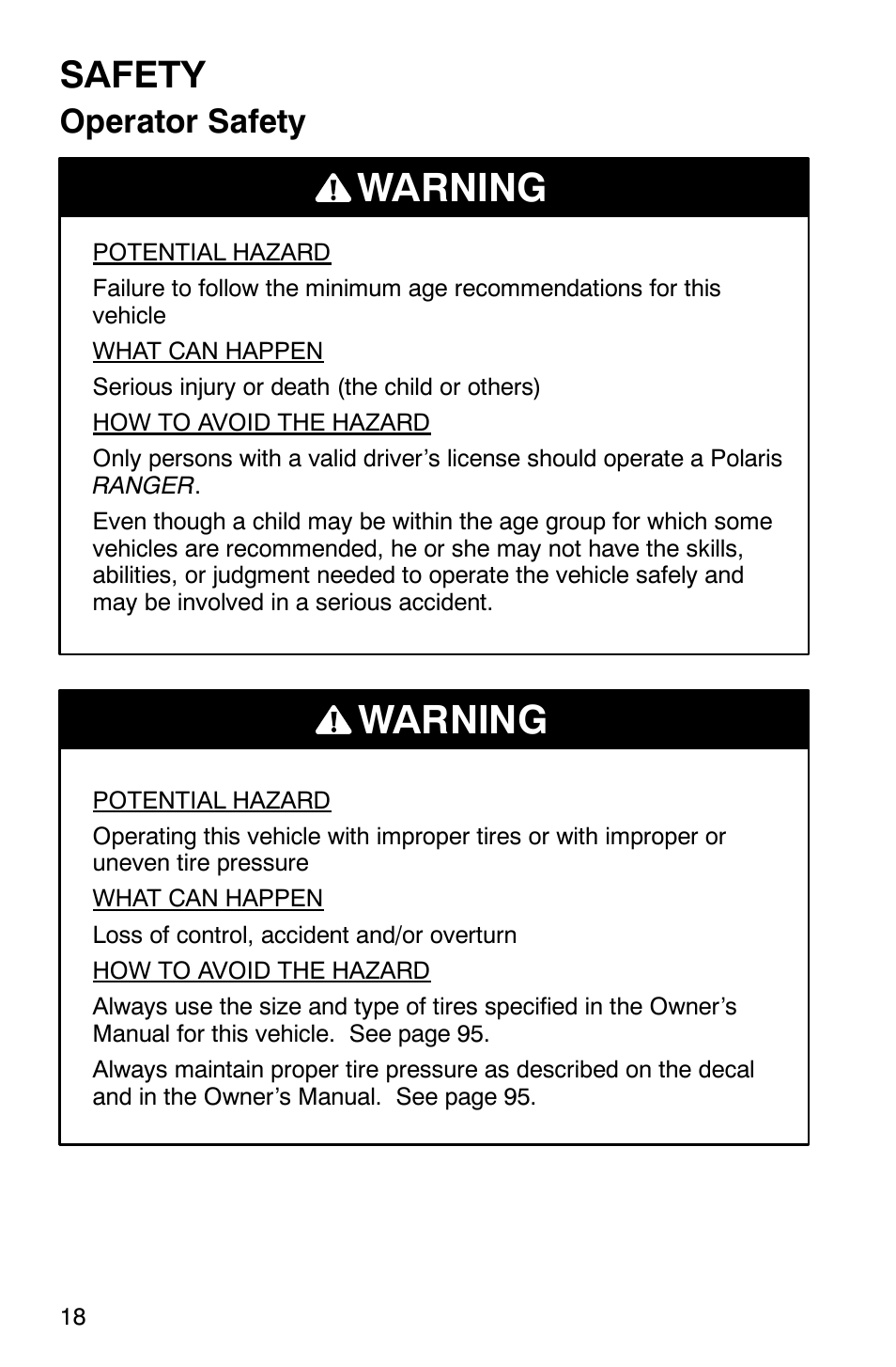 Warning, Safety, Operator safety | Polaris Series 11 Ranger User Manual | Page 20 / 106