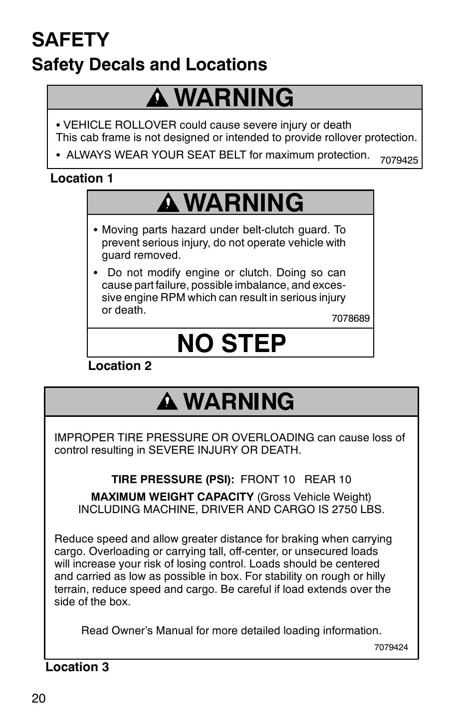 Warning, No step, Safety | Safety decals and locations | Polaris Series 11 Ranger User Manual | Page 22 / 106
