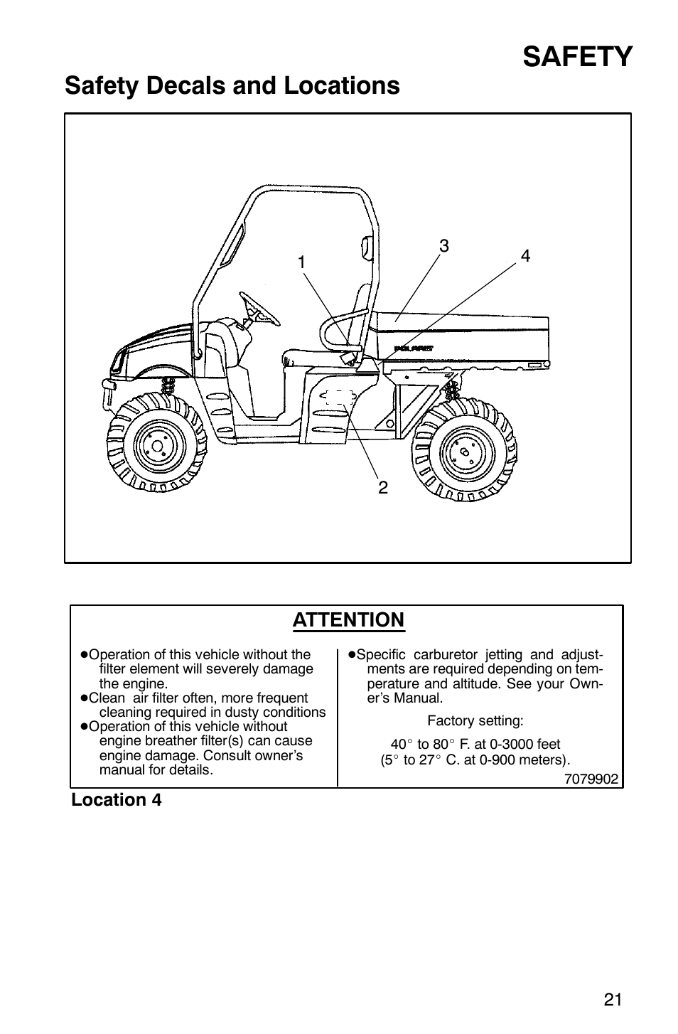 Safety, Safety decals and locations, Attention | Polaris Series 11 Ranger User Manual | Page 23 / 106