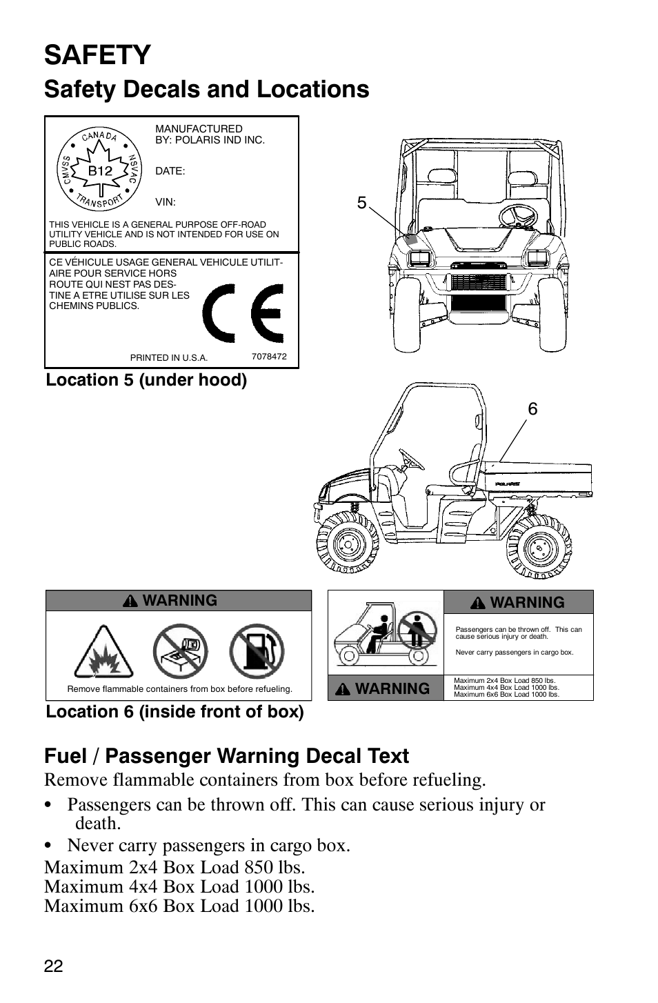Safety, Safety decals and locations, Fuel / passenger warning decal text | Polaris Series 11 Ranger User Manual | Page 24 / 106