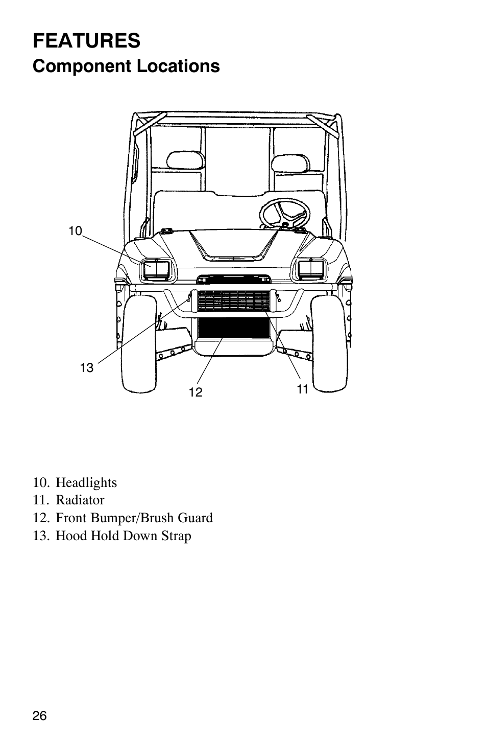 Features, Component locations | Polaris Series 11 Ranger User Manual | Page 28 / 106