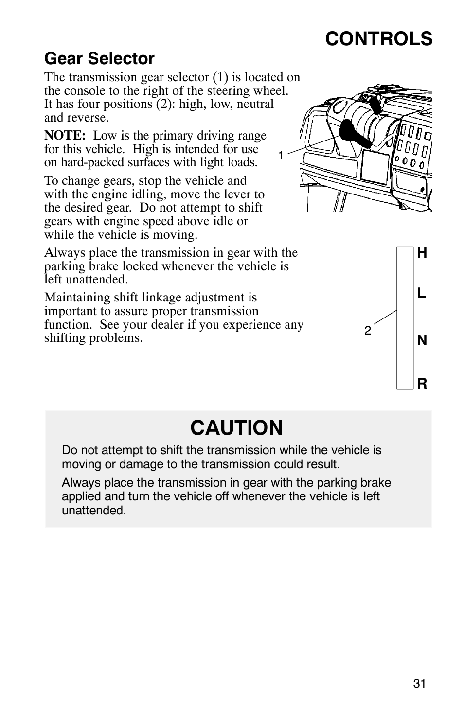 Caution, Controls, Gear selector | Polaris Series 11 Ranger User Manual | Page 33 / 106