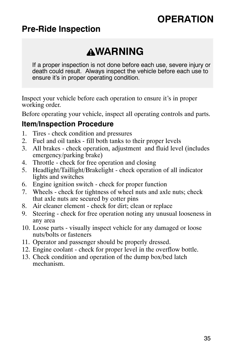 Warning, Operation, Pre-ride inspection | Polaris Series 11 Ranger User Manual | Page 37 / 106