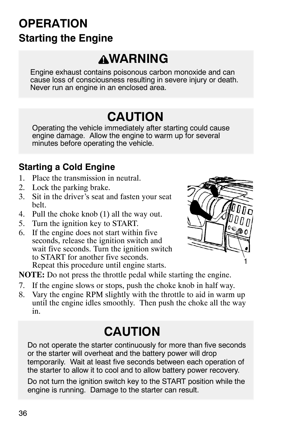 Warning, Caution, Operation | Starting the engine | Polaris Series 11 Ranger User Manual | Page 38 / 106