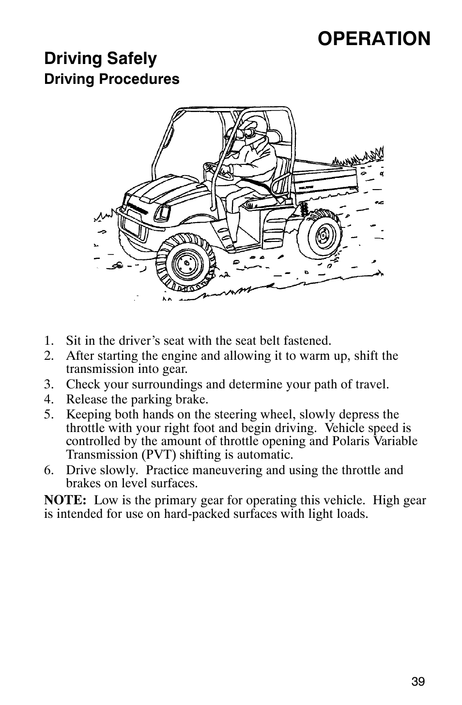 Operation, Driving safely | Polaris Series 11 Ranger User Manual | Page 41 / 106