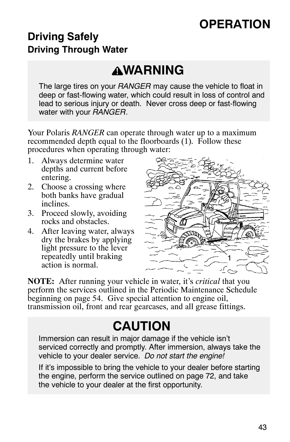 Warning, Caution, Operation | Driving safely | Polaris Series 11 Ranger User Manual | Page 45 / 106