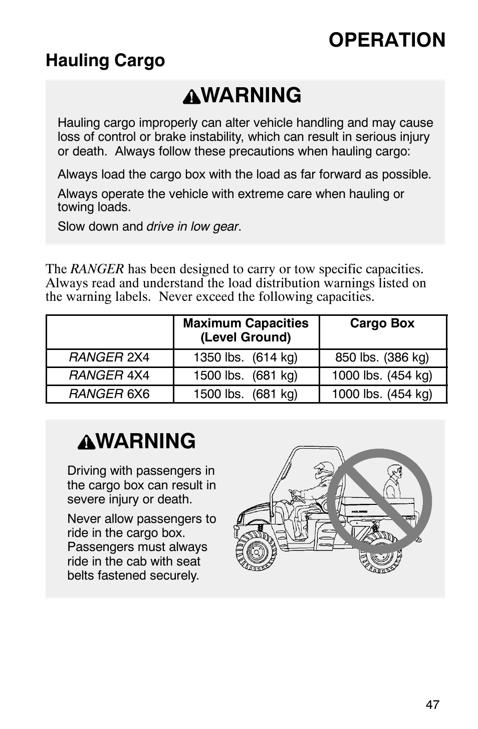 Warning, Operation, Hauling cargo | Polaris Series 11 Ranger User Manual | Page 49 / 106