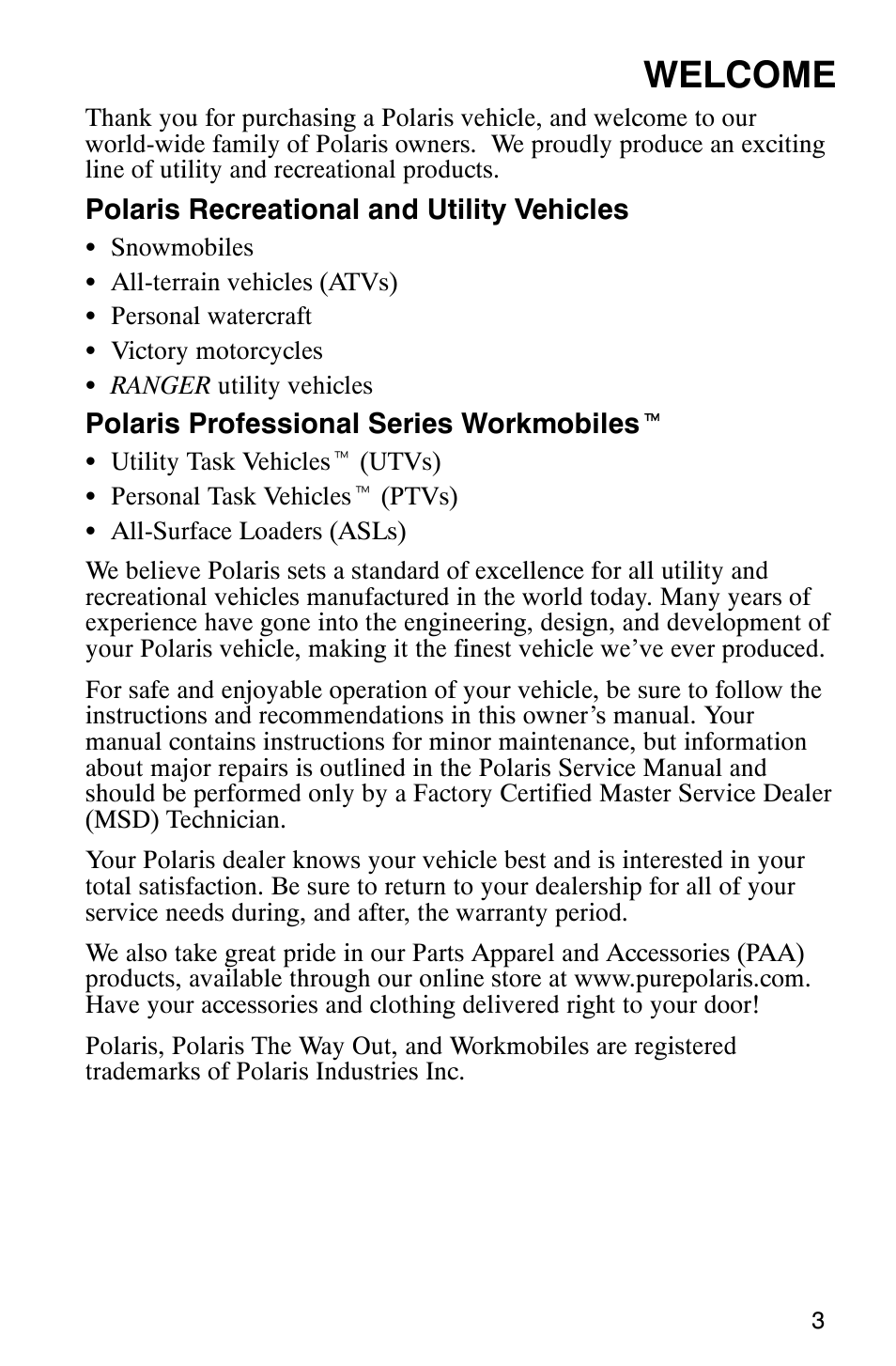 Welcome | Polaris Series 11 Ranger User Manual | Page 5 / 106