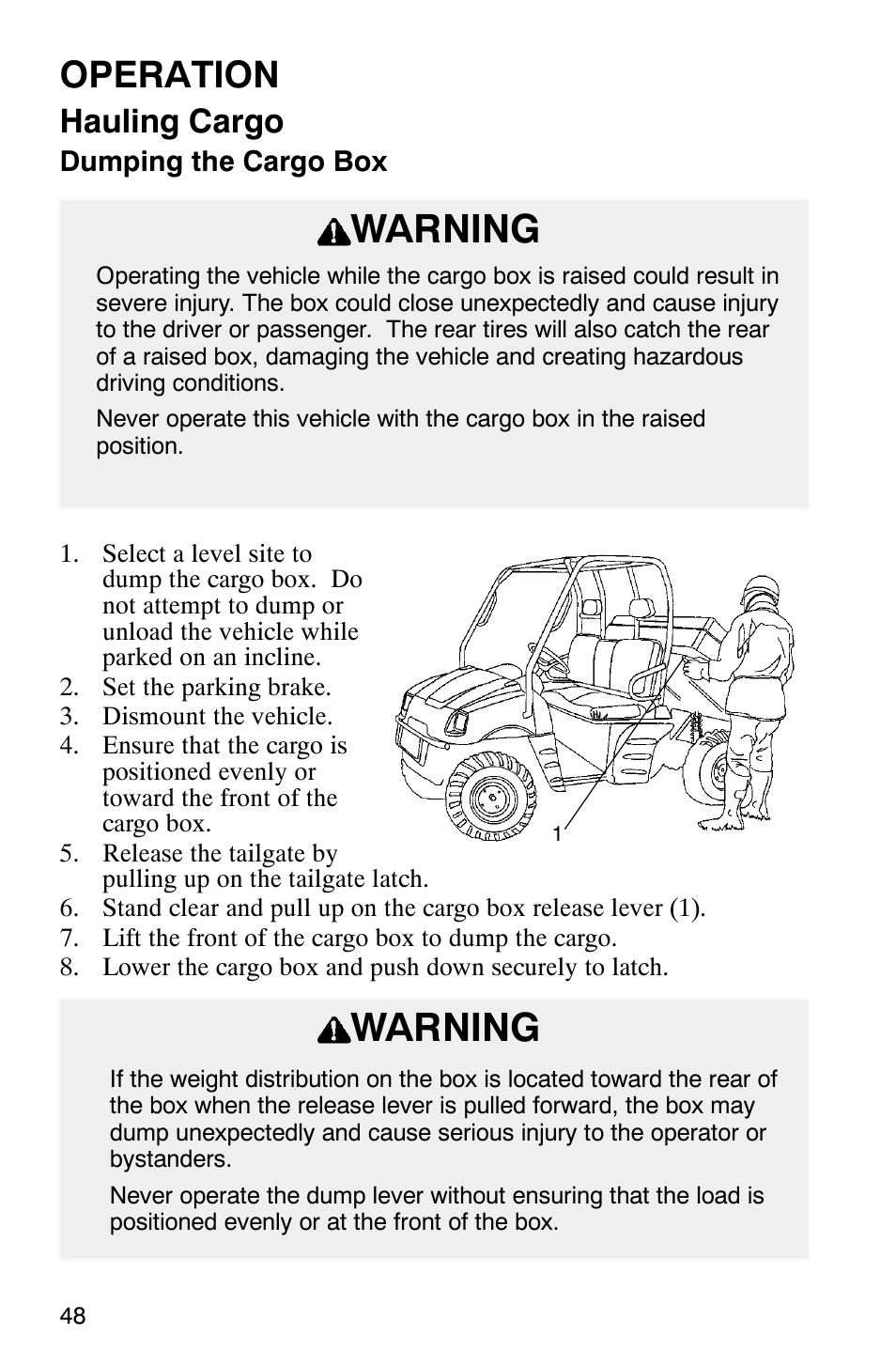 Warning, Operation, Hauling cargo | Polaris Series 11 Ranger User Manual | Page 50 / 106