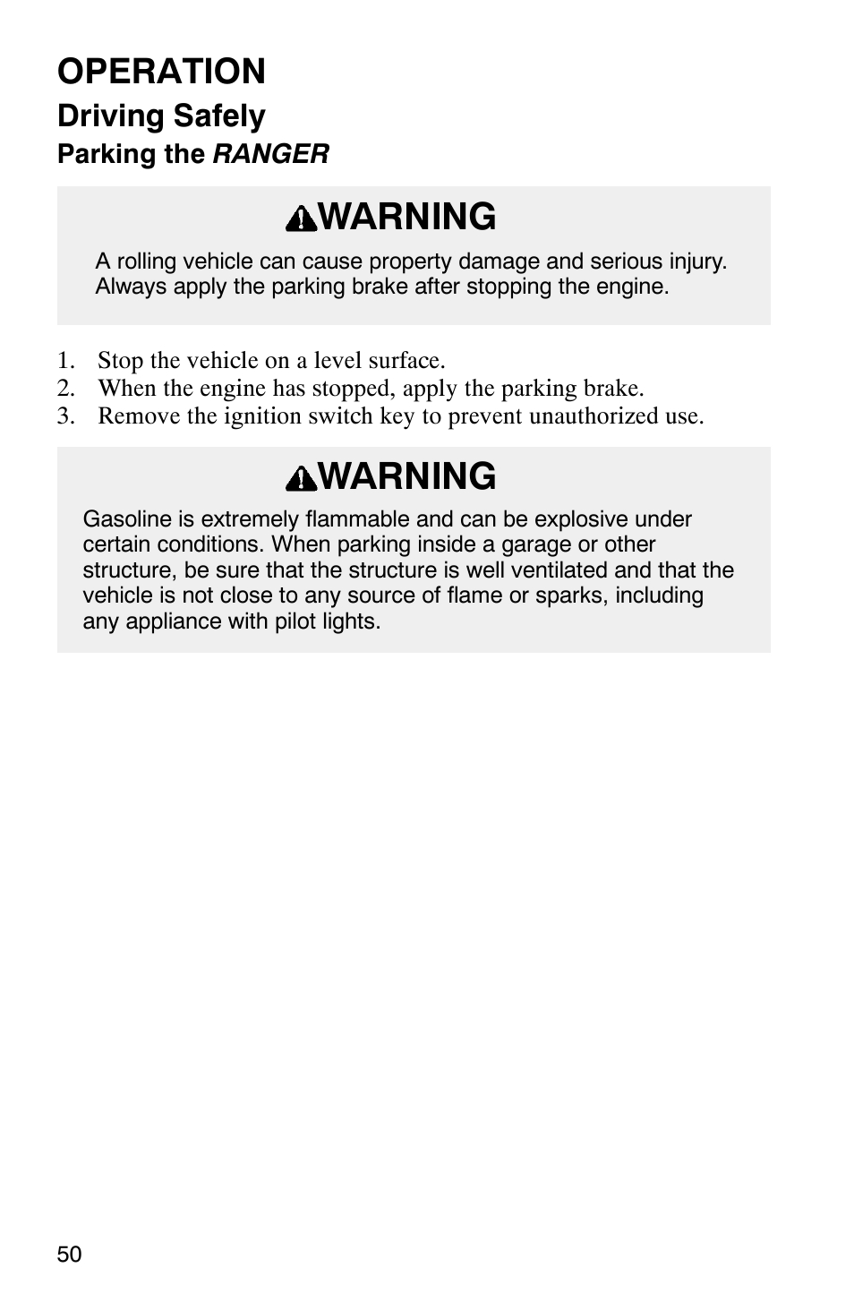 Warning, Operation, Driving safely | Polaris Series 11 Ranger User Manual | Page 52 / 106