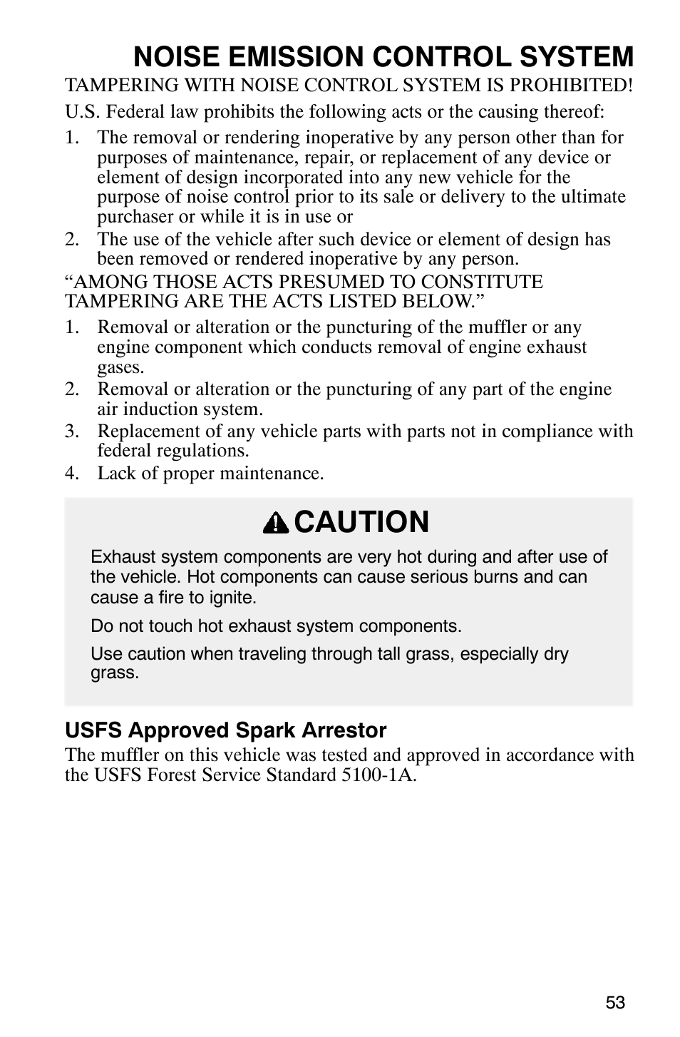 Caution, Noise emission control system | Polaris Series 11 Ranger User Manual | Page 55 / 106