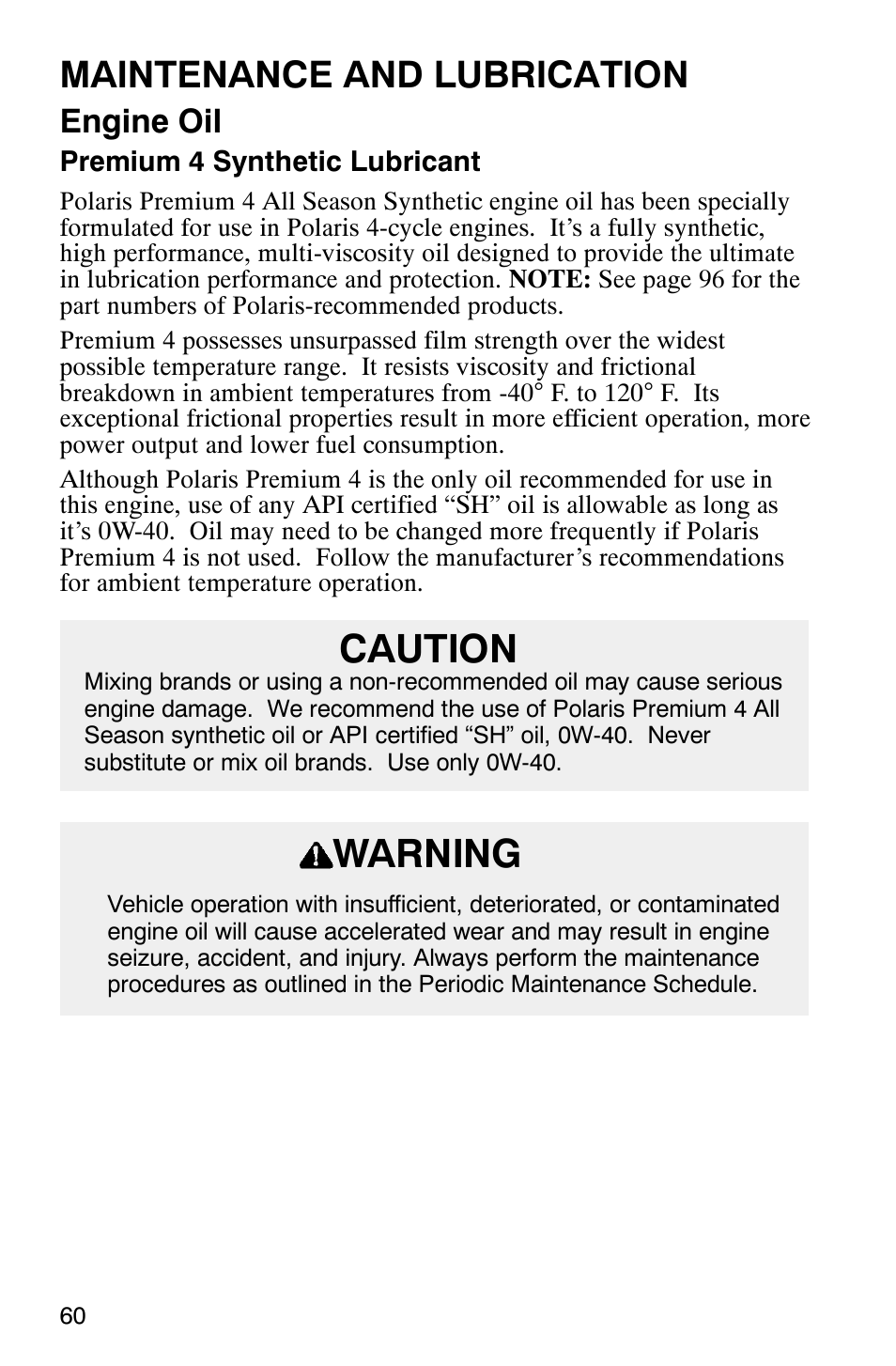Caution, Warning, Maintenance and lubrication | Engine oil | Polaris Series 11 Ranger User Manual | Page 62 / 106