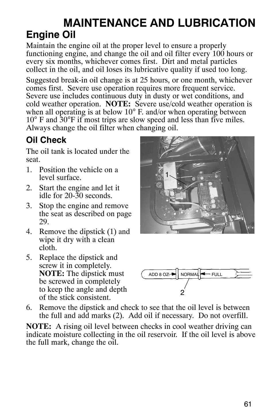 Maintenance and lubrication, Engine oil, Oil check | Polaris Series 11 Ranger User Manual | Page 63 / 106