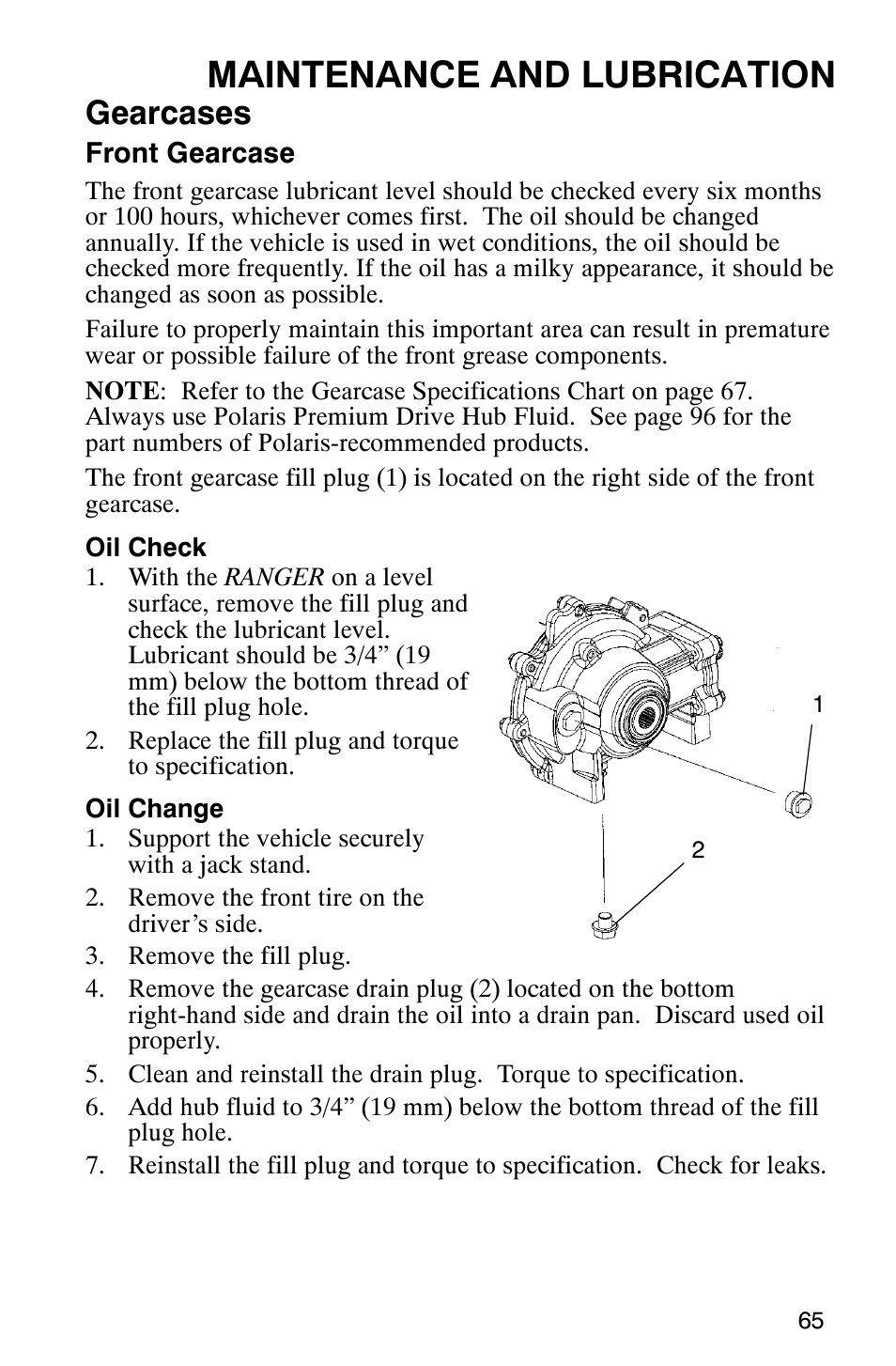 Maintenance and lubrication, Gearcases | Polaris Series 11 Ranger User Manual | Page 67 / 106