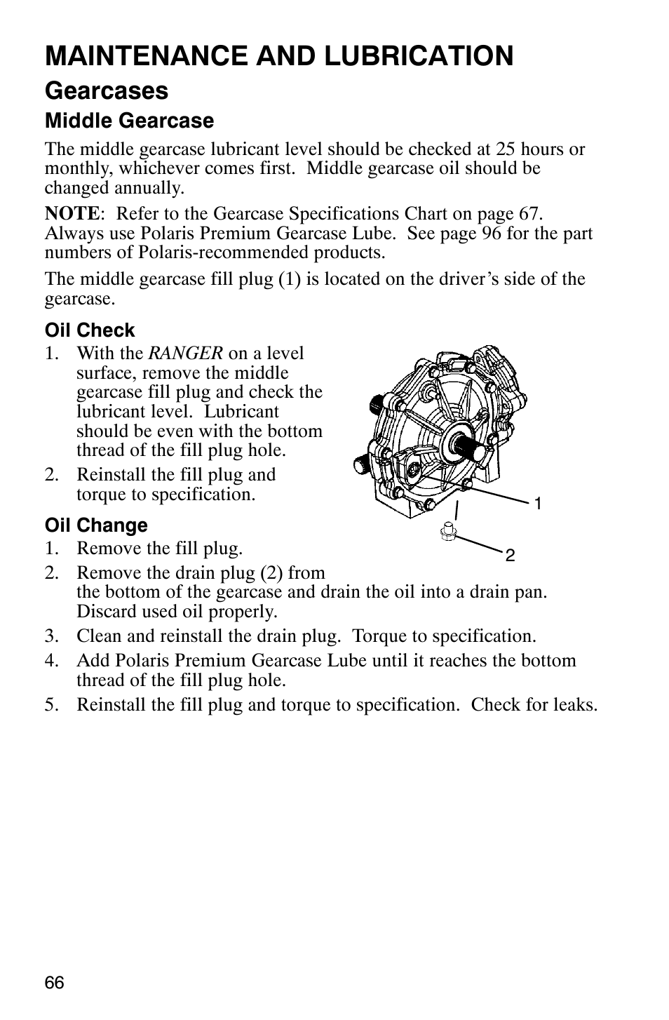 Maintenance and lubrication, Gearcases | Polaris Series 11 Ranger User Manual | Page 68 / 106