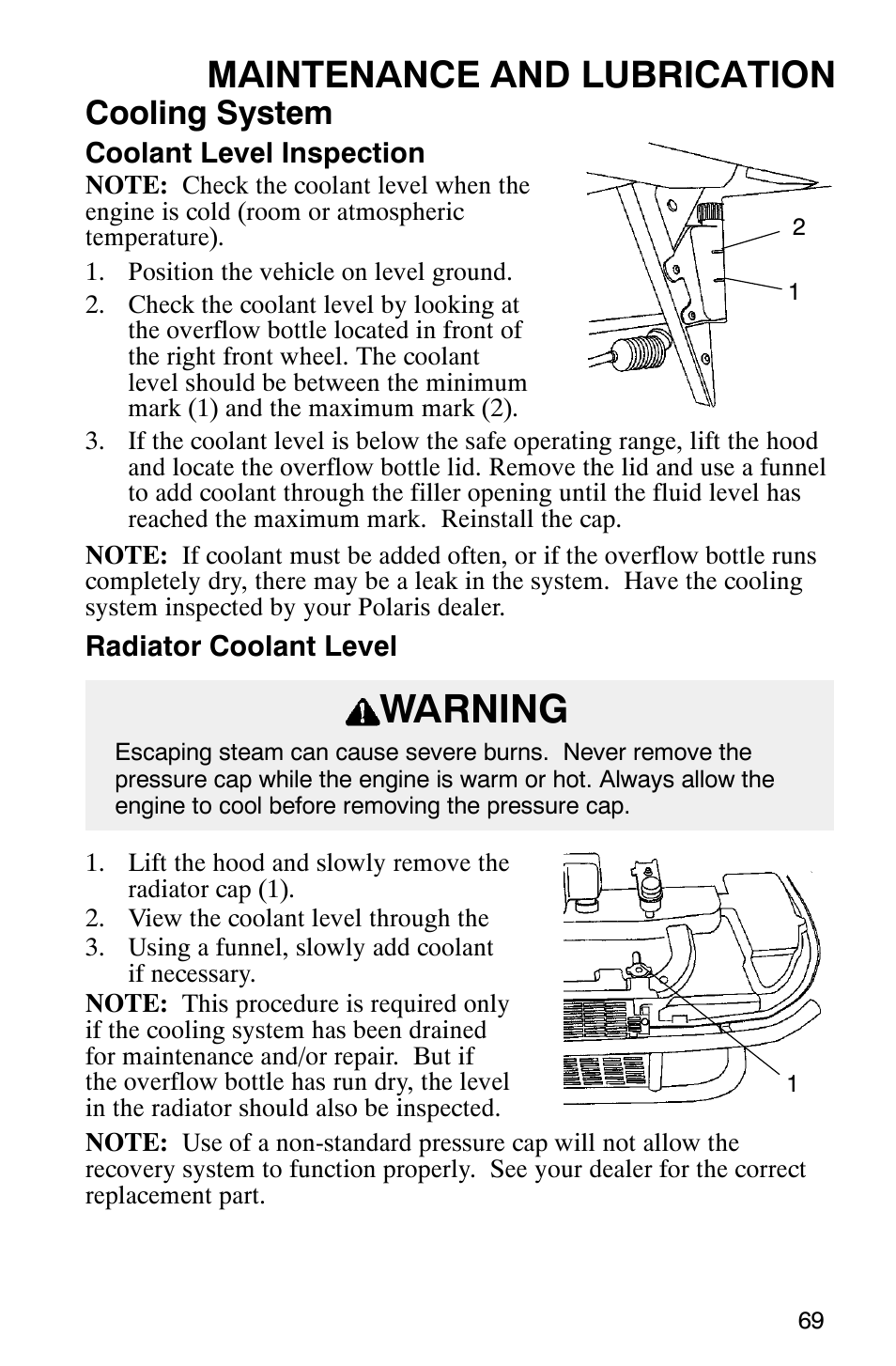 Warning, Maintenance and lubrication, Cooling system | Polaris Series 11 Ranger User Manual | Page 71 / 106