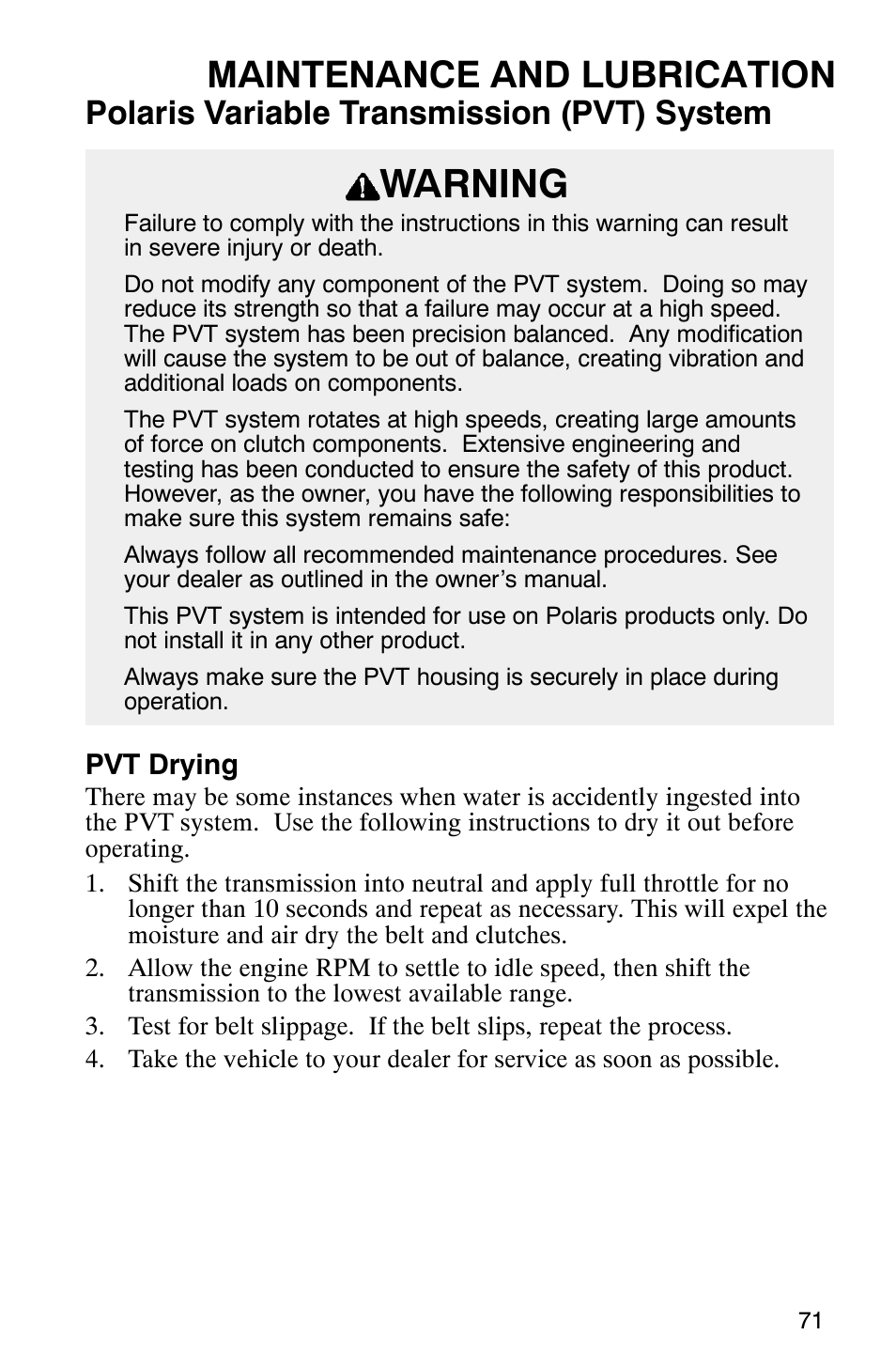 Warning, Maintenance and lubrication, Polaris variable transmission (pvt) system | Polaris Series 11 Ranger User Manual | Page 73 / 106