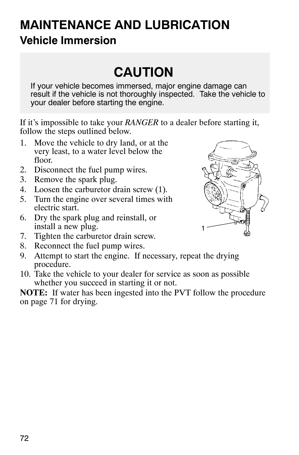 Caution, Maintenance and lubrication, Vehicle immersion | Polaris Series 11 Ranger User Manual | Page 74 / 106