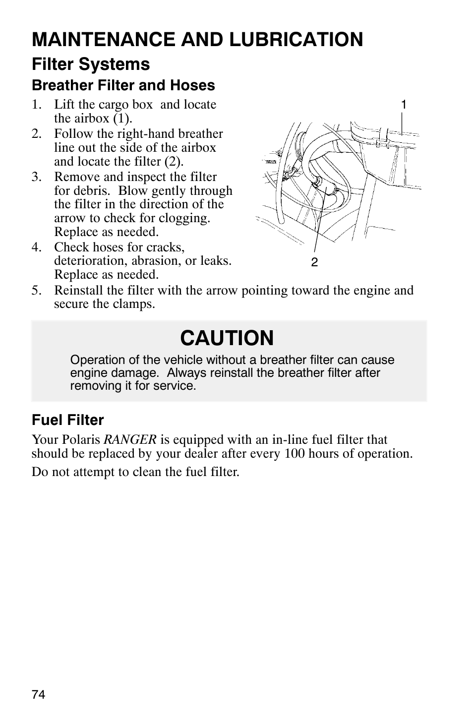 Caution, Maintenance and lubrication, Filter systems | Polaris Series 11 Ranger User Manual | Page 76 / 106