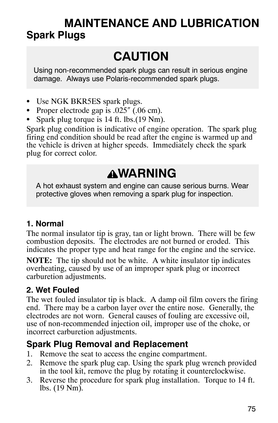 Caution warning, Maintenance and lubrication, Spark plugs | Polaris Series 11 Ranger User Manual | Page 77 / 106