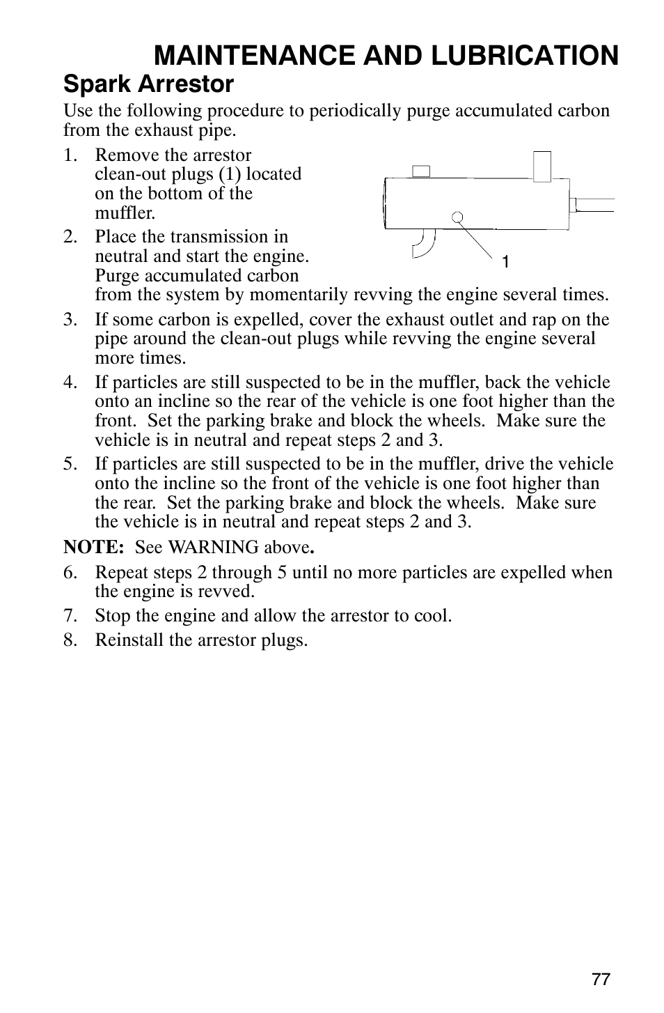 Maintenance and lubrication, Spark arrestor | Polaris Series 11 Ranger User Manual | Page 79 / 106