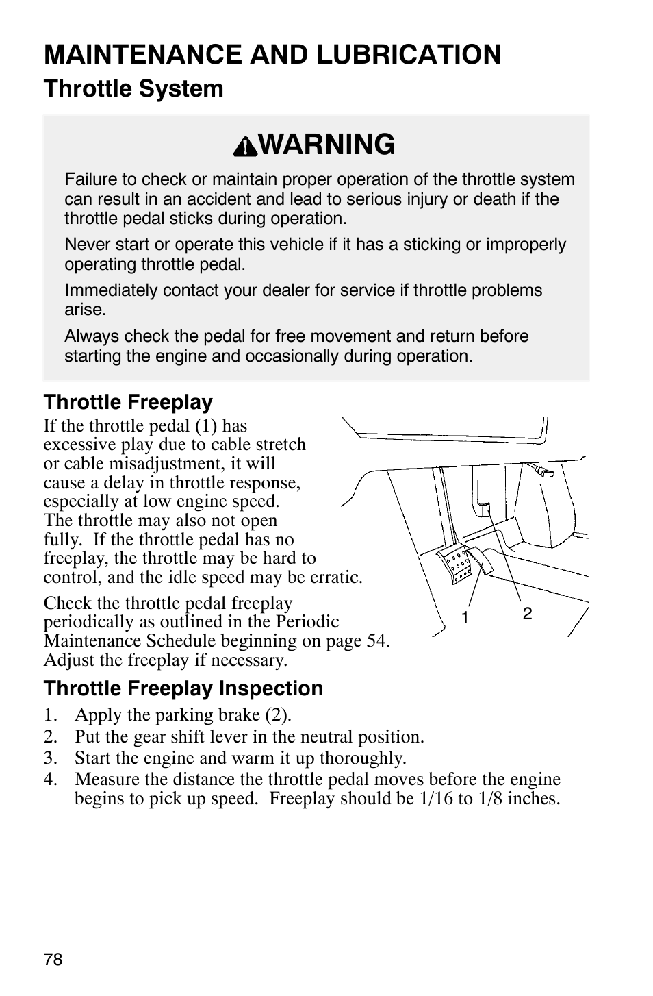 Warning, Maintenance and lubrication, Throttle system | Polaris Series 11 Ranger User Manual | Page 80 / 106