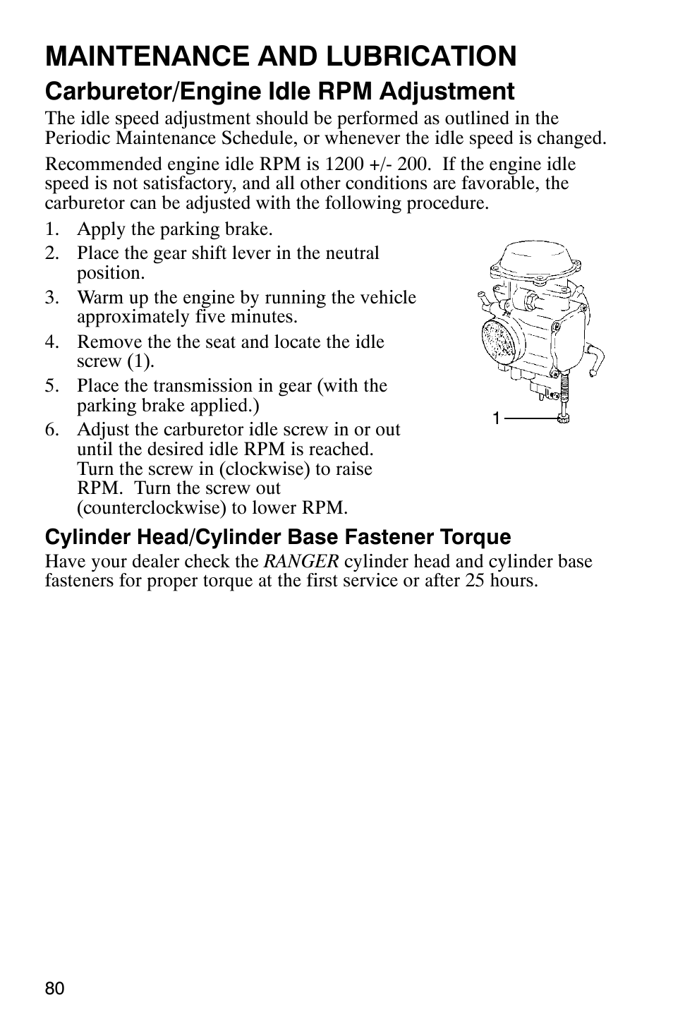 Maintenance and lubrication, Carburetor/engine idle rpm adjustment | Polaris Series 11 Ranger User Manual | Page 82 / 106