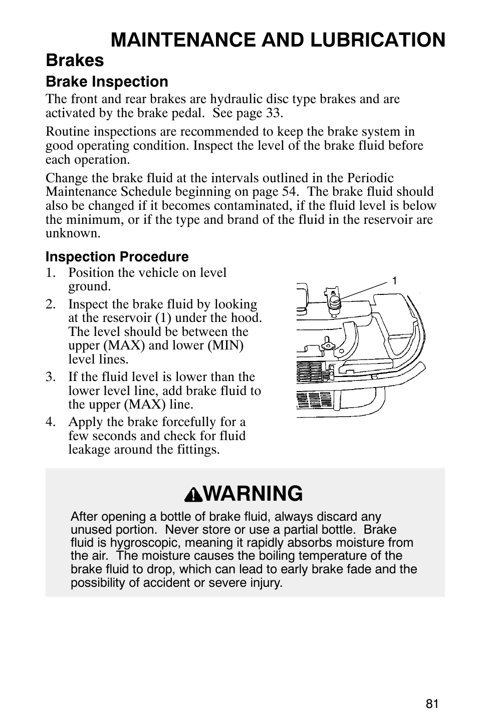 Warning, Maintenance and lubrication, Brakes | Polaris Series 11 Ranger User Manual | Page 83 / 106