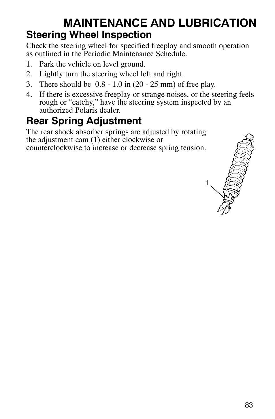 Maintenance and lubrication, Steering wheel inspection, Rear spring adjustment | Polaris Series 11 Ranger User Manual | Page 85 / 106