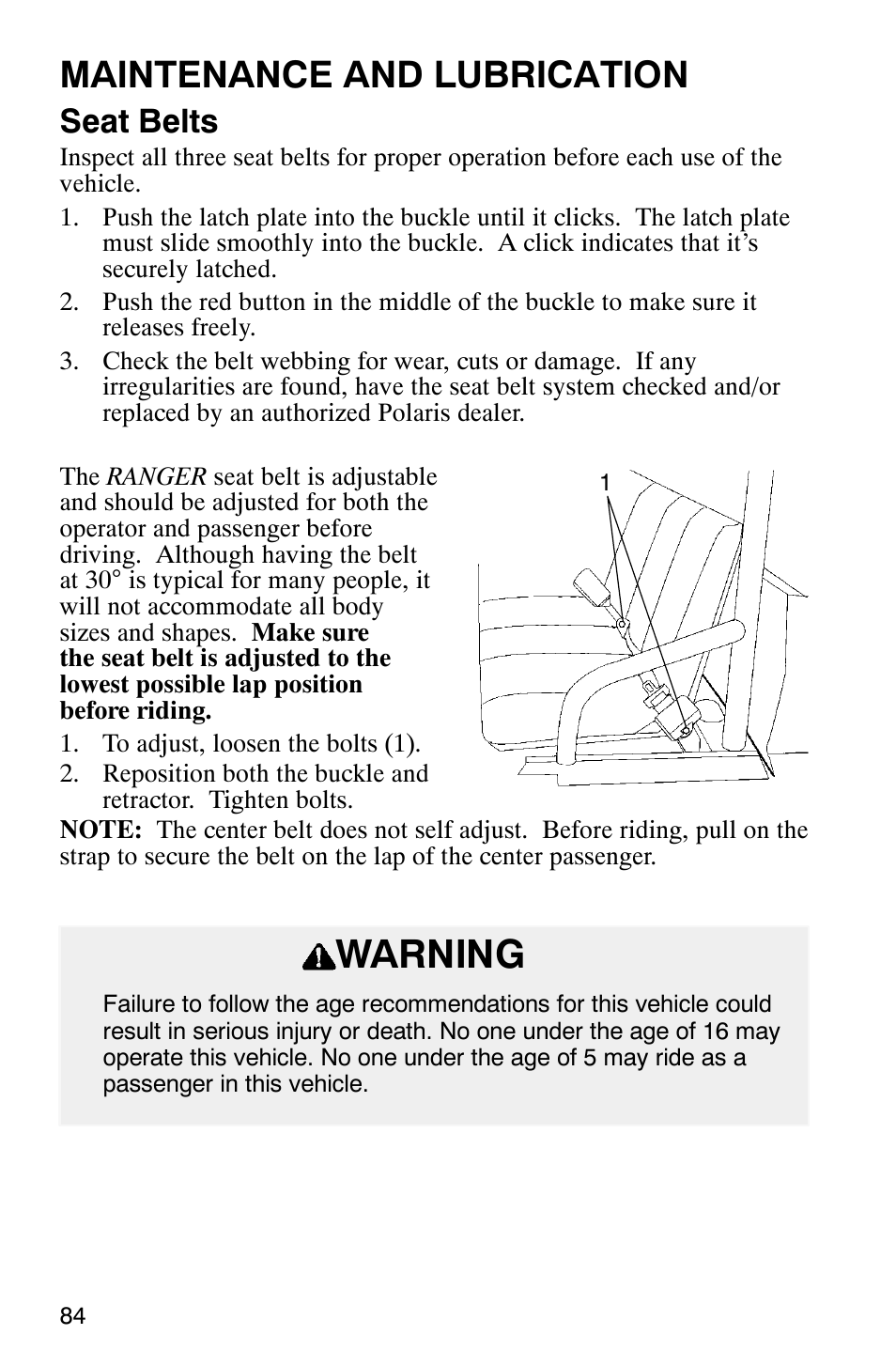 Warning, Maintenance and lubrication, Seat belts | Polaris Series 11 Ranger User Manual | Page 86 / 106
