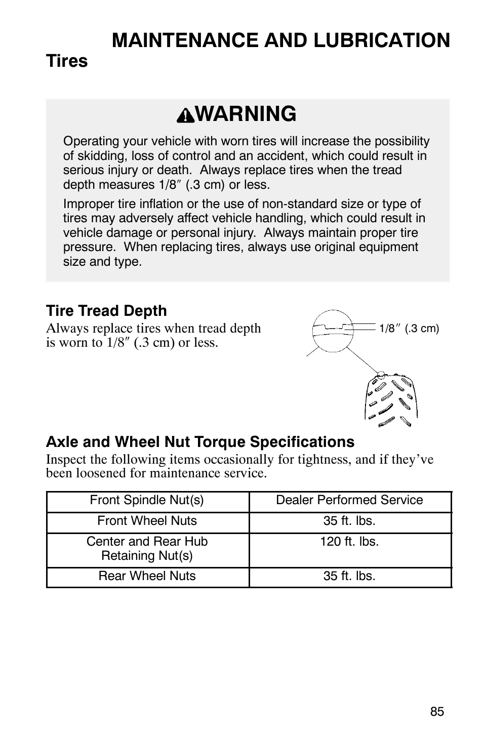 Warning, Maintenance and lubrication, Tires | Polaris Series 11 Ranger User Manual | Page 87 / 106