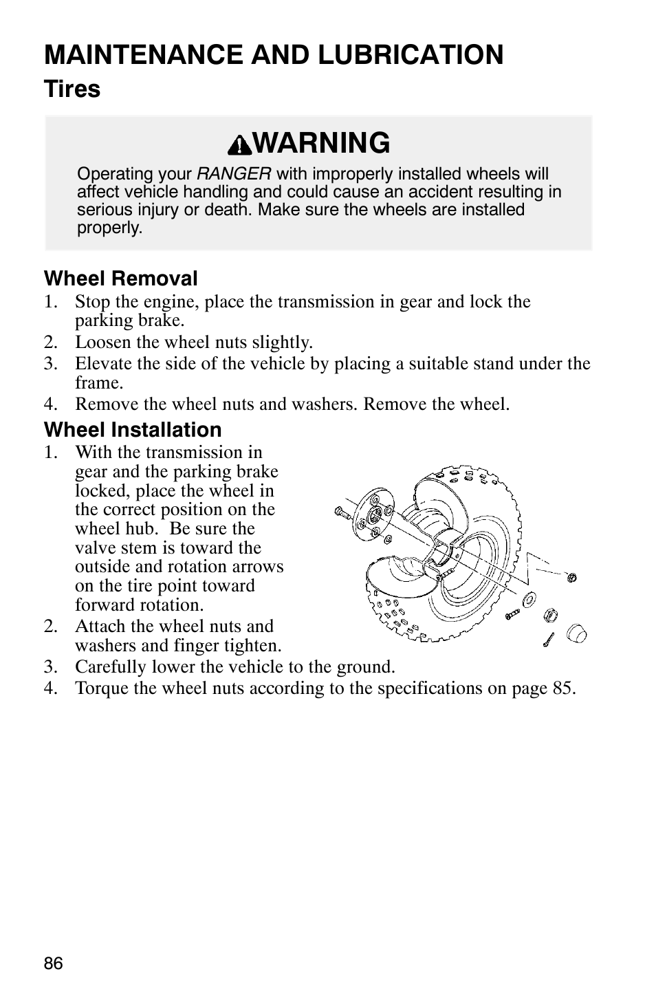 Warning, Maintenance and lubrication, Tires | Polaris Series 11 Ranger User Manual | Page 88 / 106