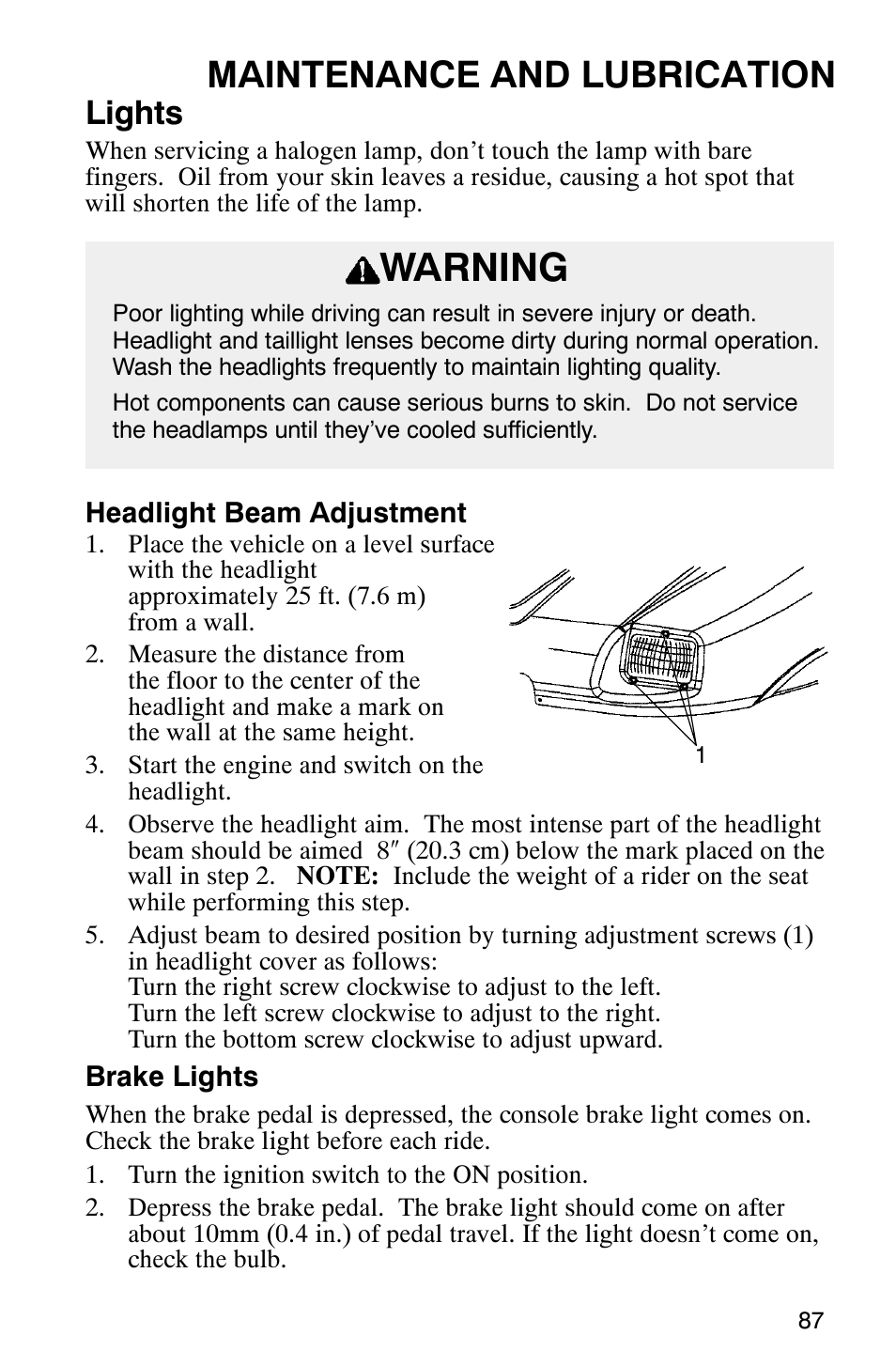 Warning, Maintenance and lubrication, Lights | Polaris Series 11 Ranger User Manual | Page 89 / 106