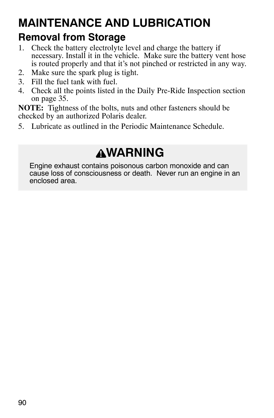 Warning, Maintenance and lubrication, Removal from storage | Polaris Series 11 Ranger User Manual | Page 92 / 106
