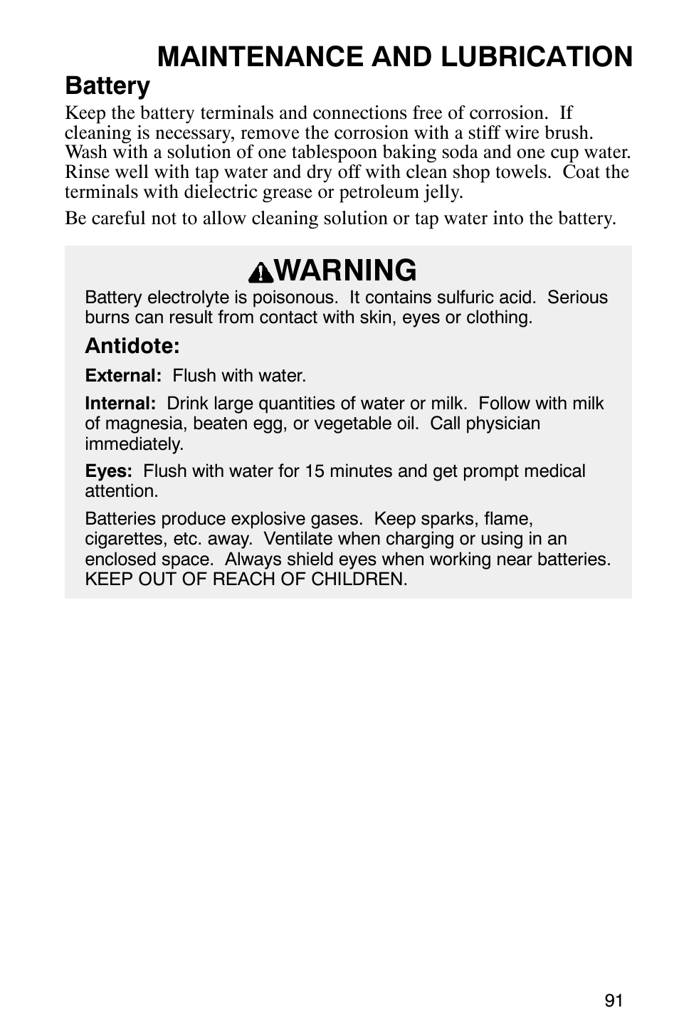 Warning, Maintenance and lubrication, Battery | Polaris Series 11 Ranger User Manual | Page 93 / 106