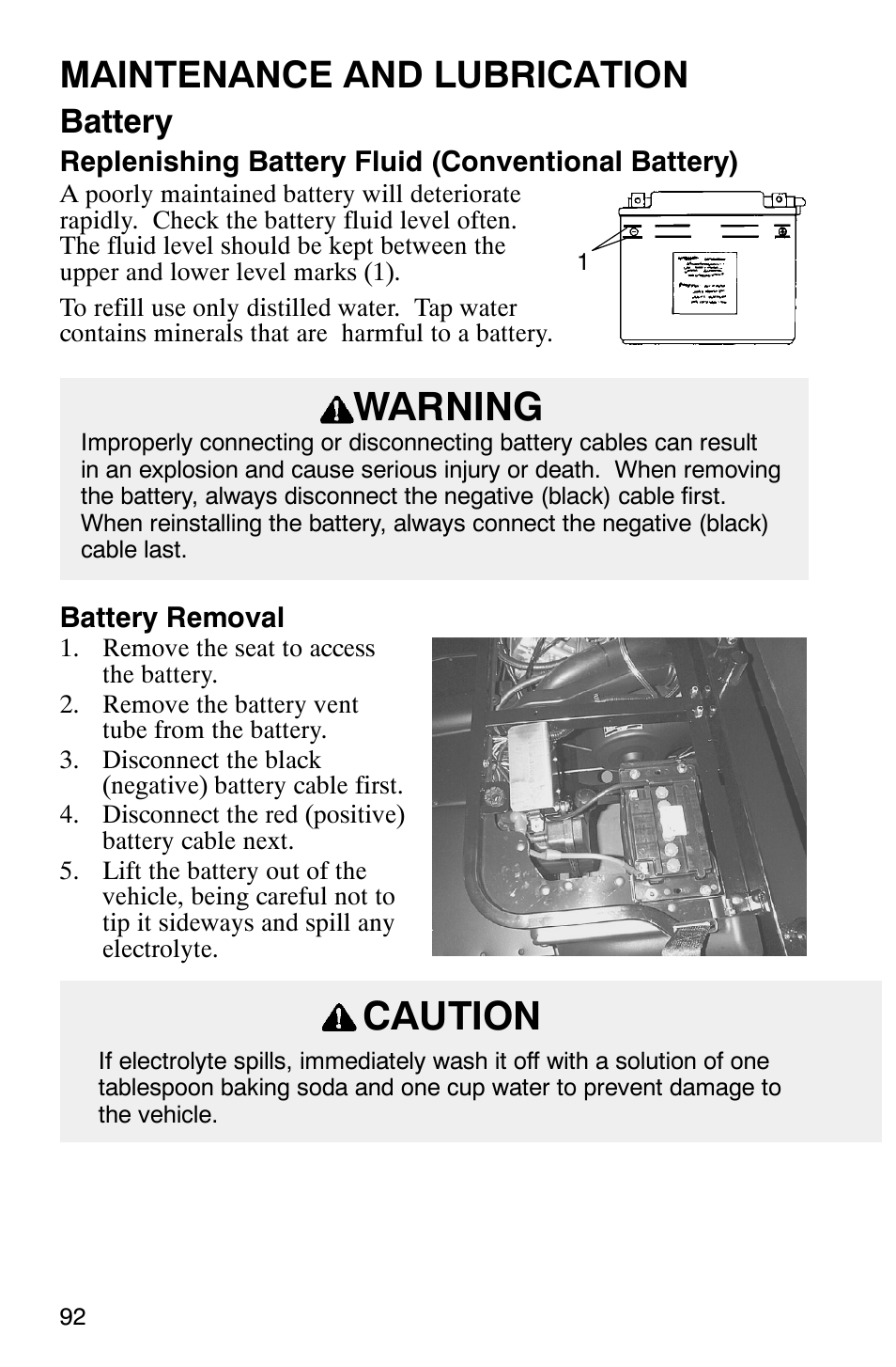Warning, Caution, Maintenance and lubrication | Battery | Polaris Series 11 Ranger User Manual | Page 94 / 106