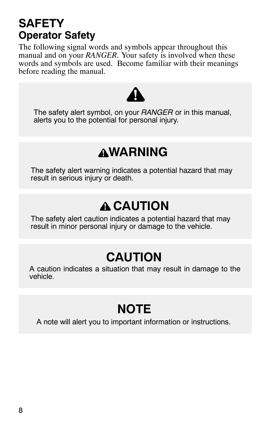 Caution warning, Safety, Operator safety | Polaris Series 11 Polaris Ranger 4x4 User Manual | Page 10 / 118