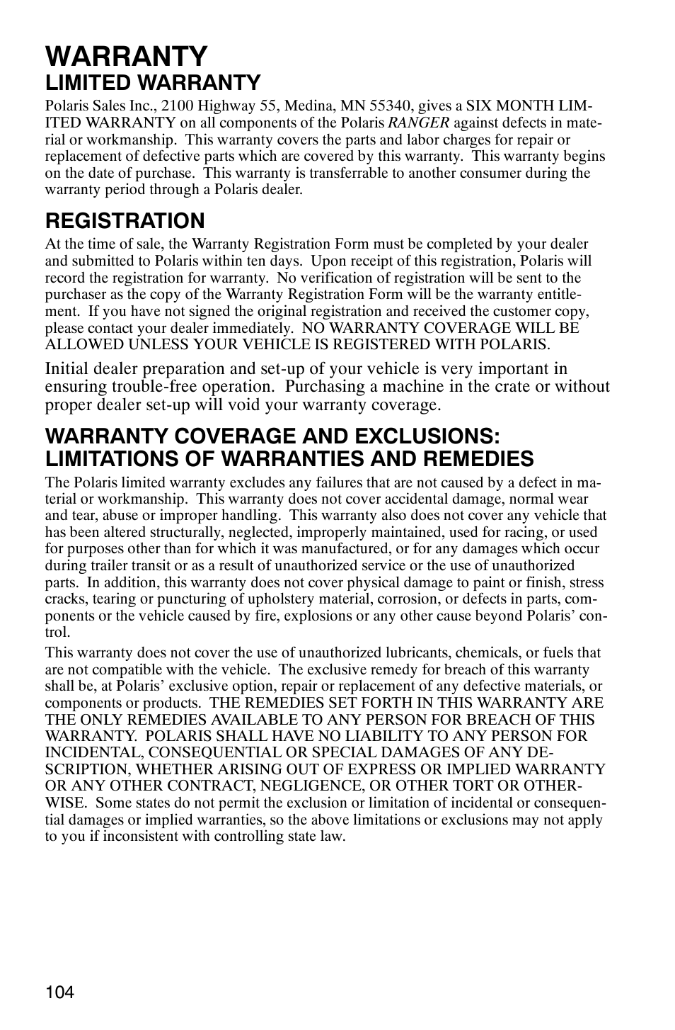 Warranty, Limited warranty, Registration | Polaris Series 11 Polaris Ranger 4x4 User Manual | Page 106 / 118