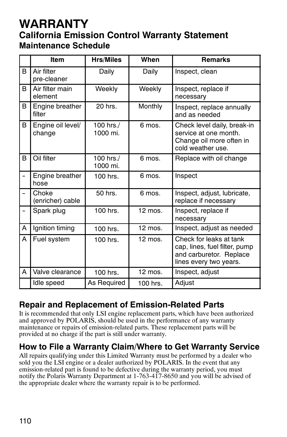 Warranty, California emission control warranty statement, Maintenance schedule | Repair and replacement of emission-related parts | Polaris Series 11 Polaris Ranger 4x4 User Manual | Page 112 / 118