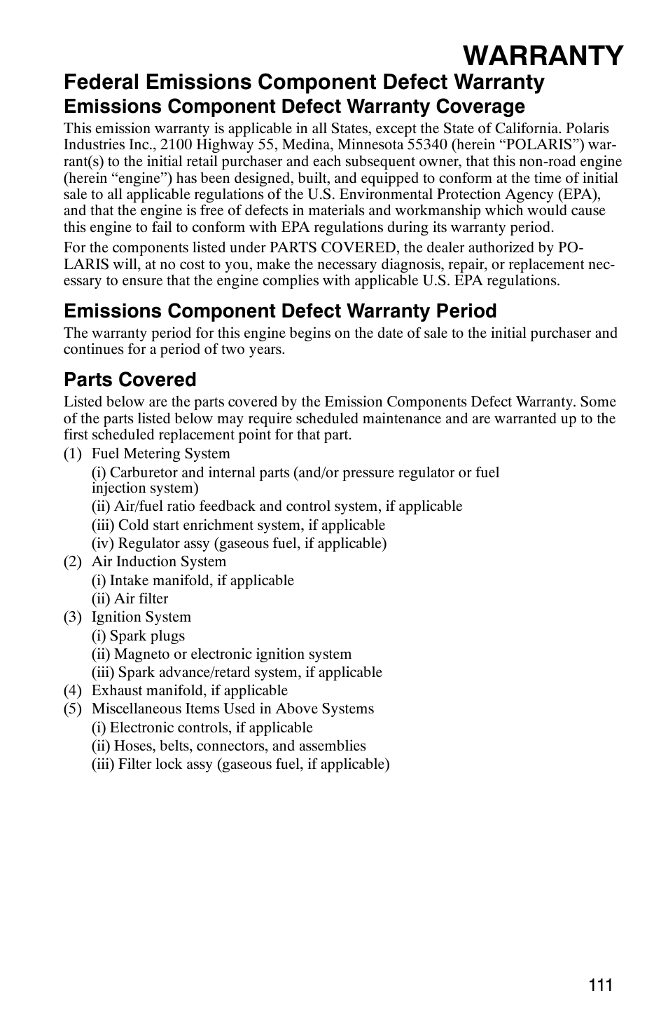 Warranty, Federal emissions component defect warranty, Emissions component defect warranty coverage | Emissions component defect warranty period, Parts covered | Polaris Series 11 Polaris Ranger 4x4 User Manual | Page 113 / 118