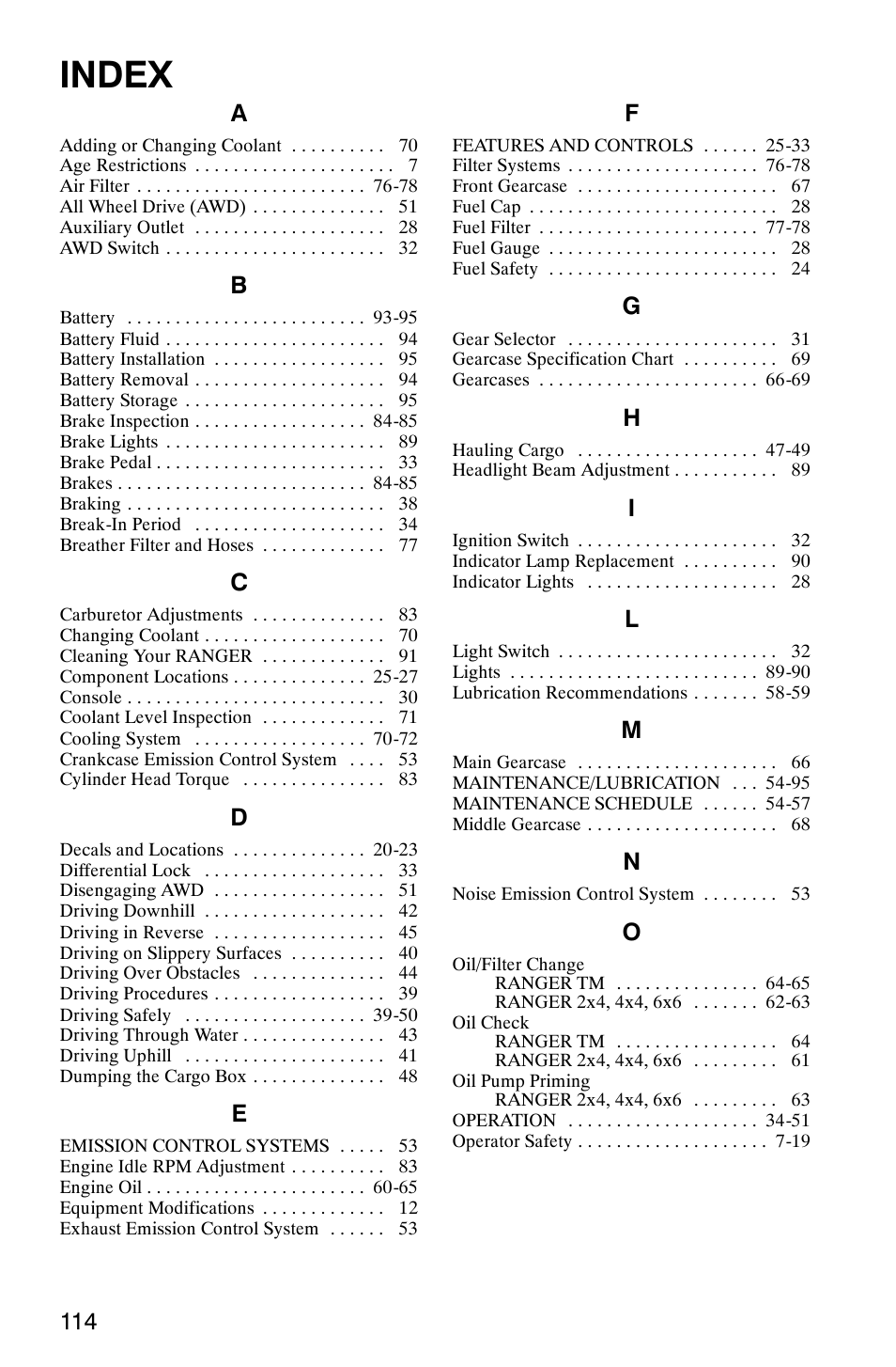 Index | Polaris Series 11 Polaris Ranger 4x4 User Manual | Page 116 / 118